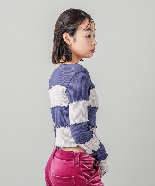 X-girl（エックスガール）の「STRIPED CROPPED TOP（Tシャツ/カットソー・レディース・バーガンディー/ブラウン/ネイビー・M/S）」の5枚目の写真