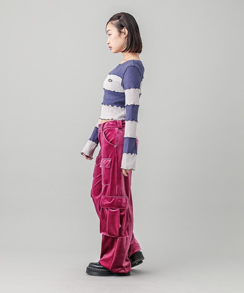 X-girl（エックスガール）の「STRIPED CROPPED TOP（Tシャツ/カットソー・レディース・バーガンディー/ブラウン/ネイビー・M/S）」の8枚目の写真