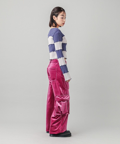 X-girl（エックスガール）の「STRIPED CROPPED TOP（Tシャツ/カットソー・レディース・バーガンディー/ブラウン/ネイビー・M/S）」の9枚目の写真