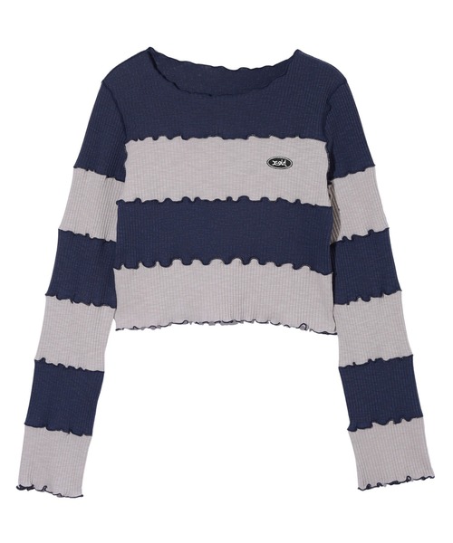 X-girl（エックスガール）の「STRIPED CROPPED TOP（Tシャツ/カットソー・レディース・バーガンディー/ブラウン/ネイビー・M/S）」の11枚目の写真