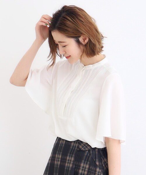 grove（グローブ）の「◆ピンタックフレアスリーブ（シャツ/ブラウス・レディース・オレンジ/ブルー/カーキ/オフホワイト/ブラック・02/03/01/04/05）」の12枚目の写真