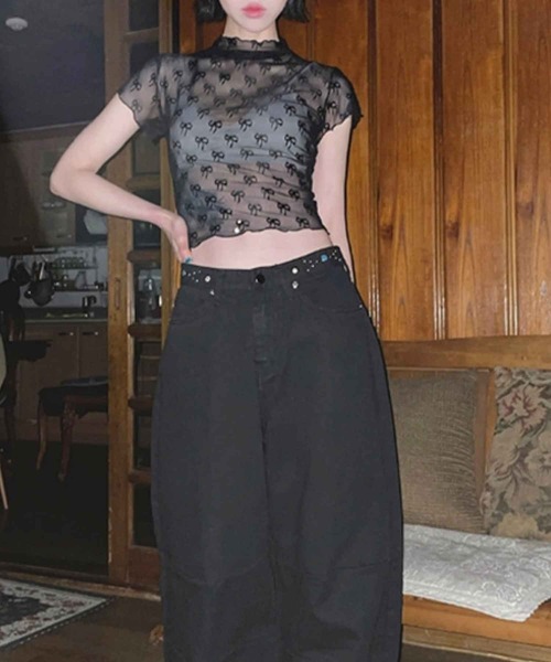 frunco(フランコ)の「リボンメッシュ半袖トップス(Tシャツ/カットソー・レディース・ホワイト/ブラック・FREE)」の14枚目の写真