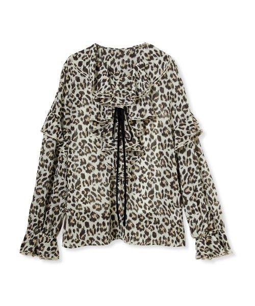 美品 24AW Mila Owen ミラオーウェン ベロアリボン付きラッフルブラウス 長袖 シアーシャツ 09WFB244052 0 ネイビー レディース 古着 中古 Mila Owen（ミラオーウェン）の「ベロアリボン付きラッフル