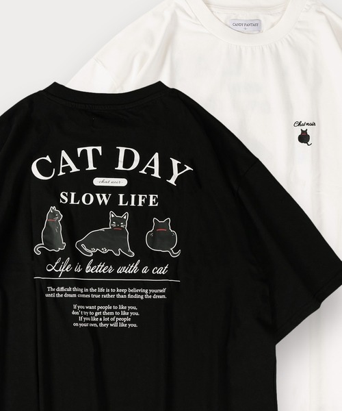 SlashDate(スラッシュデイト)の「イヌネコプリント 半袖Tシャツ アニマルプリント オーバーサイズ バックプリント(Tシャツ/カットソー・メンズ・ブラック/アッシュグレー/ブラック系その他/ホワイト/ホワイト系その他/ライトグレー・M/L)」の4枚目の写真