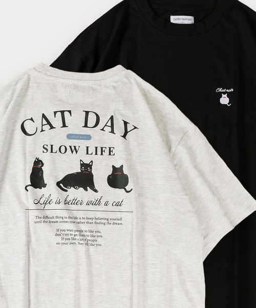 SlashDate(スラッシュデイト)の「イヌネコプリント 半袖Tシャツ アニマルプリント オーバーサイズ バックプリント(Tシャツ/カットソー・メンズ・ブラック/アッシュグレー/ブラック系その他/ホワイト/ホワイト系その他/ライトグレー・M/L)」の5枚目の写真