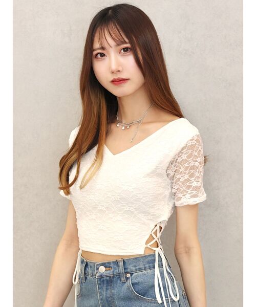 EATME（イートミー）の「サイドレースアップクロップドTOP（Tシャツ/カットソー・レディース・ブルー/オフホワイト/ブラック/イエロー・FREE）」の2枚目の写真