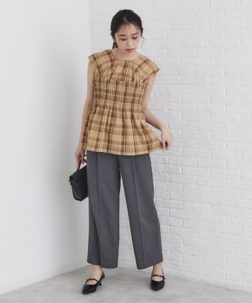 index(インデックス)の「◆チェック柄シャーリングペプラムブラウス【洗える】(シャツ/ブラウス・レディース・ブラウン系2/ダークブラウン系1・38)」の8枚目の写真