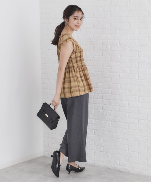 index(インデックス)の「◆チェック柄シャーリングペプラムブラウス【洗える】(シャツ/ブラウス・レディース・ブラウン系2/ダークブラウン系1・38)」の9枚目の写真