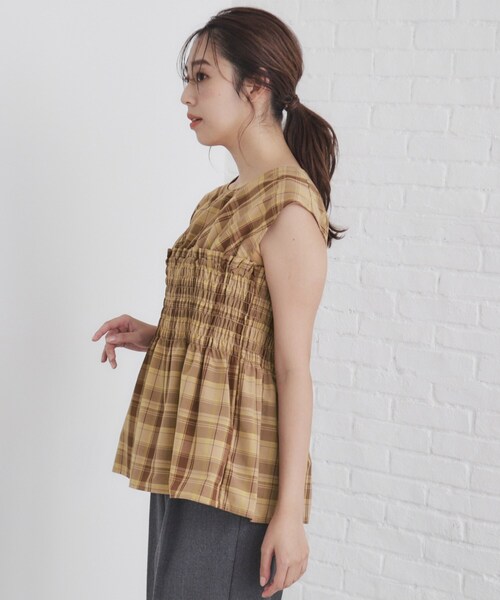 index(インデックス)の「◆チェック柄シャーリングペプラムブラウス【洗える】(シャツ/ブラウス・レディース・ブラウン系2/ダークブラウン系1・38)」の12枚目の写真