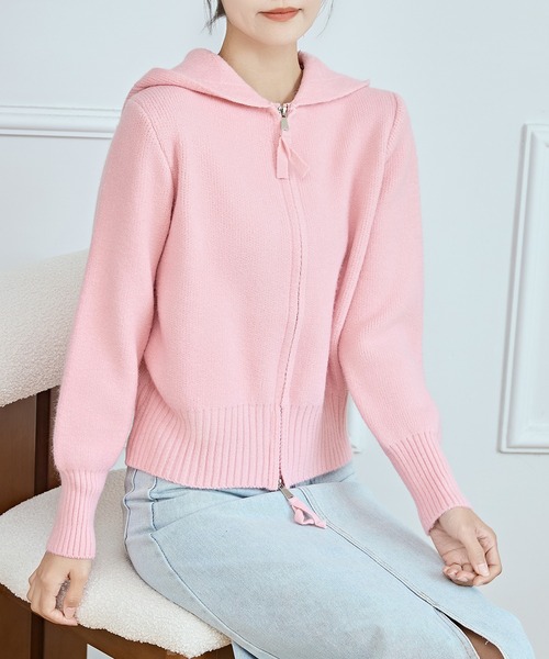 Lace Ladies(レースレディース)の「ソリッドカラー ダブルジップ フーデット ニット カーディガン(カーディガン/ボレロ・レディース・ピンク/アイボリー/ブラック/グレー・FREE)」の20枚目の写真