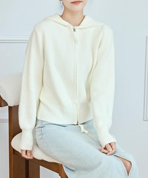 Lace Ladies(レースレディース)の「ソリッドカラー ダブルジップ フーデット ニット カーディガン(カーディガン/ボレロ・レディース・ピンク/アイボリー/ブラック/グレー・FREE)」の13枚目の写真