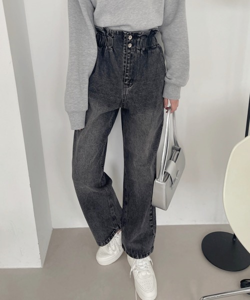 ハイウエストBOTH SIDE RIPPEDストレートワイドデニムパンツ