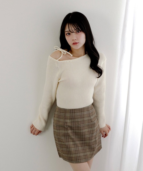 shoulder ribbon knit tops/ショルダーリボンニットトップス
