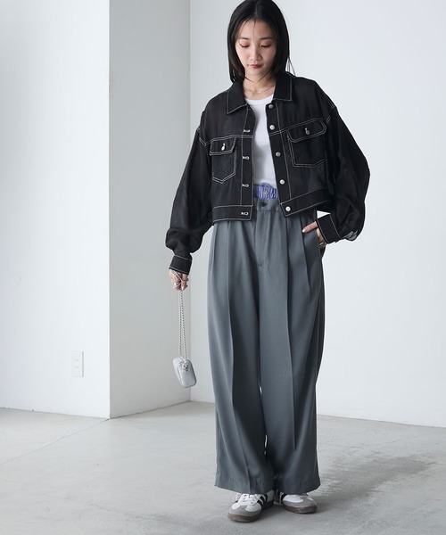 forksy.(フォルクシー)の「【forksy.】配色ステッチ シアー Gジャン風 クロップド丈シャツ(シャツ/ブラウス・レディース・チャコール/オフホワイト/ブルー/ブラック・FREE)」の22枚目の写真