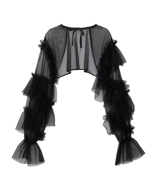 Ameri（アメリ）の「BLACK TULLE SLEEVE RAFFLE BOLERO（カーディガン