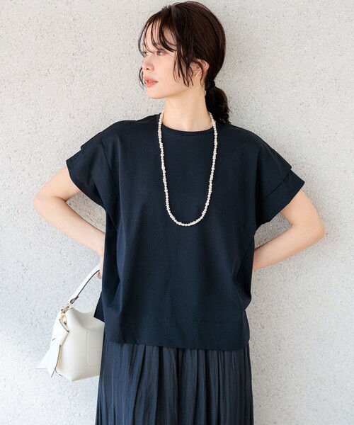 組曲 S（クミキョク チイサイサイズ）の「GIZAコットンドルマンスリーブ Tシャツ（Tシャツ/カットソー・レディース・ブラック系1/スモーキーグリーン系/アイボリー系/ブラック系/チェリーレッド/ネイビー×ホワイト/ネイビー・S2）」の5枚目の写真