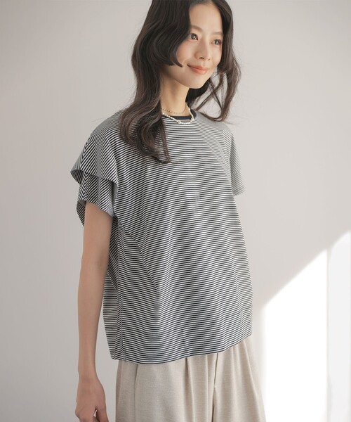 組曲 S（クミキョク チイサイサイズ）の「GIZAコットンドルマンスリーブ Tシャツ（Tシャツ/カットソー・レディース・ブラック系1/スモーキーグリーン系/アイボリー系/ブラック系/チェリーレッド/ネイビー×ホワイト/ネイビー・S2）」の6枚目の写真