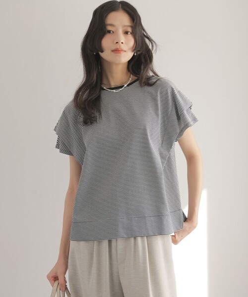 組曲 S（クミキョク チイサイサイズ）の「GIZAコットンドルマンスリーブ Tシャツ（Tシャツ/カットソー・レディース・ブラック系1/スモーキーグリーン系/アイボリー系/ブラック系/チェリーレッド/ネイビー×ホワイト/ネイビー・S2）」の9枚目の写真