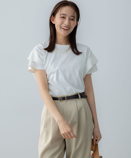組曲 S（クミキョク チイサイサイズ）の「GIZAコットンドルマンスリーブ Tシャツ（Tシャツ/カットソー・レディース・ブラック系1/スモーキーグリーン系/アイボリー系/ブラック系/チェリーレッド/ネイビー×ホワイト/ネイビー・S2）」の18枚目の写真