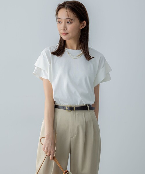 組曲 S（クミキョク チイサイサイズ）の「GIZAコットンドルマンスリーブ Tシャツ（Tシャツ/カットソー・レディース・ブラック系1/スモーキーグリーン系/アイボリー系/ブラック系/チェリーレッド/ネイビー×ホワイト/ネイビー・S2）」の20枚目の写真