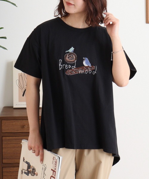 tシャツ EMAGO パンと小鳥刺繍フレアＴ レディース EMAGO パンと小鳥刺繍フレアT（Tシャツ/カットソー）｜Emago