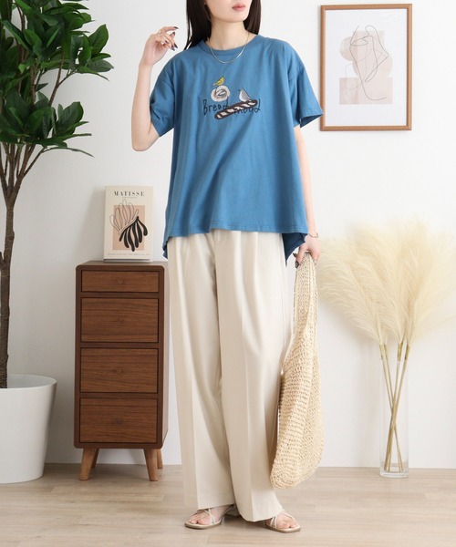 tシャツ EMAGO パンと小鳥刺繍フレアＴ レディース EMAGO パンと小鳥刺繍フレアT（Tシャツ/カットソー）｜Emago