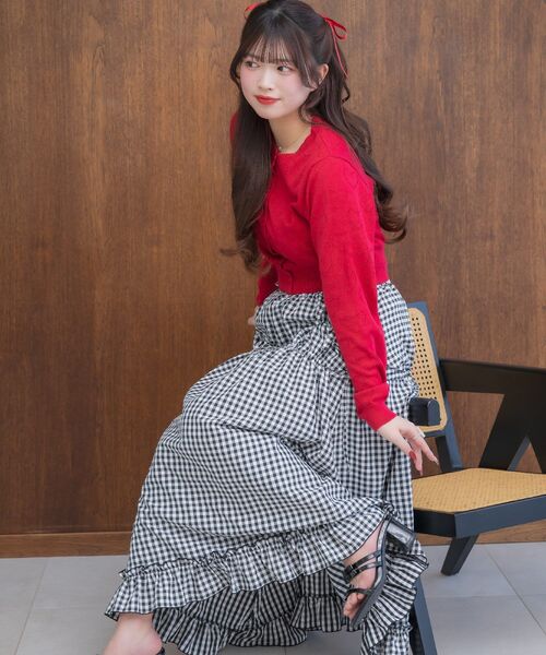 ems excite（エムズエキサイト）の「ハイウエストドロストフレアSK（スカート・レディース・オフホワイト/ブラック系その他2/ブラック・FREE）」の4枚目の写真