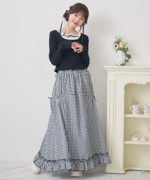 ems excite（エムズエキサイト）の「ハイウエストドロストフレアSK（スカート・レディース・オフホワイト/ブラック系その他2/ブラック・FREE）」の7枚目の写真