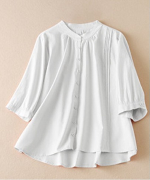 BLANC FICELLE(ブランフィセル)の「アシンメトリーピンタックブラウス / バンドカラーギャザーシャツ(シャツ/ブラウス・レディース・サックスブルー/グレー/ベージュ/ホワイト/ピンク・L/XL/M)」の2枚目の写真
