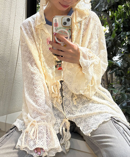 レースメローフーディートップス_color:アイボリー レースメローフーディートップス（Tシャツ/カットソー