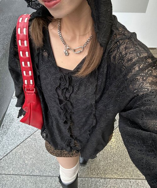 CIAOPANIC（チャオパニック）の「レースメローフーディートップス（Tシャツ/カットソー・レディース・ブラック/アイボリー/オフホワイト/ブラウン/カーキ/サックスブルー/ホワイト・ONE SIZE）」の20枚目の写真