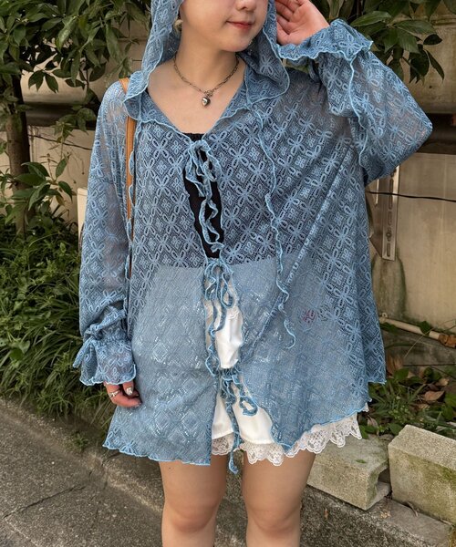 CIAOPANIC（チャオパニック）の「レースメローフーディートップス（Tシャツ/カットソー・レディース・ブラック/アイボリー/オフホワイト/ブラウン/カーキ/サックスブルー・ONE SIZE）」の13枚目の写真