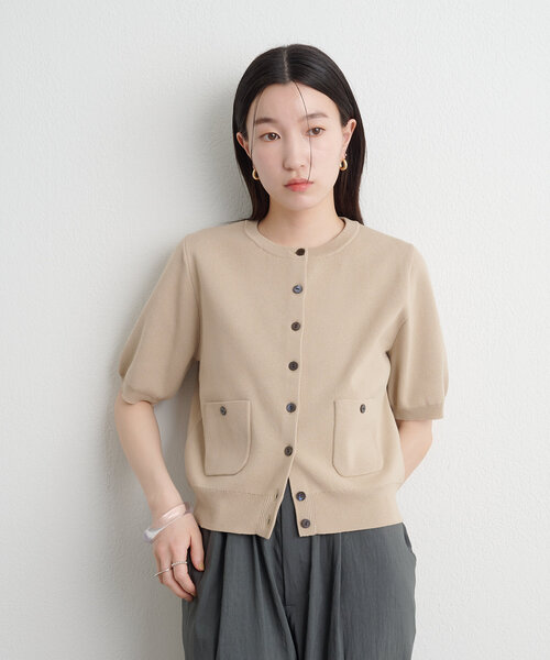 Omekashi（オメカシ）の「半袖強撚スウェットライクポケットカーディガン（カーディガン/ボレロ・レディース・オフホワイト/ピンク/ブラウン/ブラック/ベージュ・FREE）」の4枚目の写真