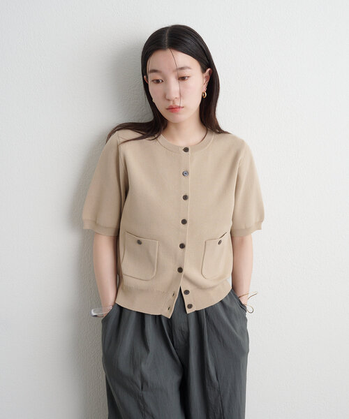 Omekashi（オメカシ）の「半袖強撚スウェットライクポケットカーディガン（カーディガン/ボレロ・レディース・オフホワイト/ピンク/ブラウン/ブラック/ベージュ・FREE）」の6枚目の写真