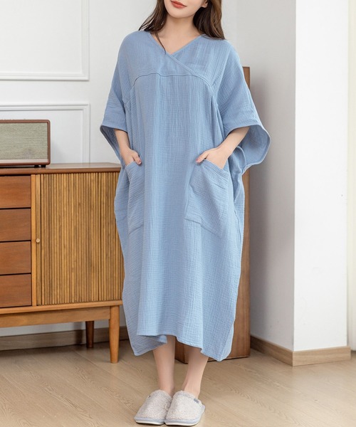 DAY CLOSET（デイ クローゼット）の「【7分丈タイプ】湯あがりにマスト。リラクシードルマンスリーブコットンワンピース レディース（ガウン/バスローブ・レディース・ベージュ/キナリ/チャコールグレー/ブルー/インディゴブルー/ブラック・FREE）」の6枚目の写真