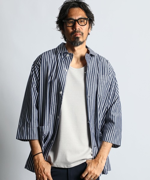 The DUFFER of ST.GEORGE(ザダファーオブセントジョージ)の「JAMES FABRIC 3Q STRIPE SHIRT OUTER:ジェームスファブリック 7分袖 シャツアウター(シャツ/ブラウス・メンズ・グレー/ネイビー・MEDIUM/LARGE)」の1枚目の写真