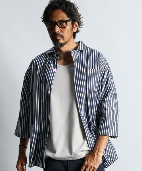 The DUFFER of ST.GEORGE(ザダファーオブセントジョージ)の「JAMES FABRIC 3Q STRIPE SHIRT OUTER:ジェームスファブリック 7分袖 シャツアウター(シャツ/ブラウス・メンズ・グレー/ネイビー・MEDIUM/LARGE)」の5枚目の写真