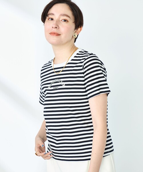 NOLLEY’S Sophi（ノーリーズソフィ）の「シルケット天竺衿配色ロゴTシャツ（Tシャツ/カットソー・レディース・ホワイト/ブラック系その他/ダークネイビー・38）」の2枚目の写真