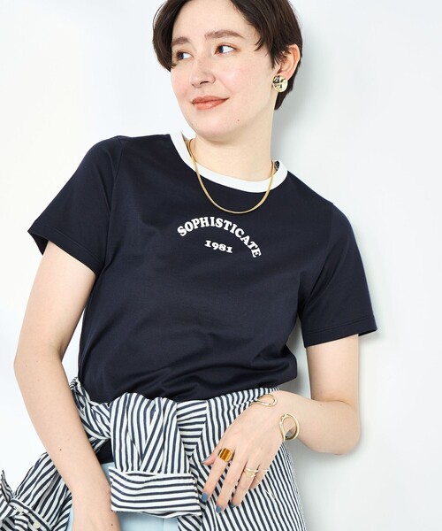 NOLLEY’S Sophi（ノーリーズソフィ）の「シルケット天竺衿配色ロゴTシャツ（Tシャツ/カットソー・レディース・ホワイト/ブラック系その他/ダークネイビー・38）」の3枚目の写真