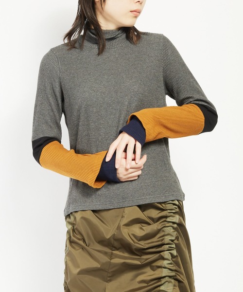 gomme（ゴム）の「リブニット　レイヤーアームＴ（Tシャツ/カットソー・レディース・チャコールグレー/ブラック・MEDIUM）」の2枚目の写真