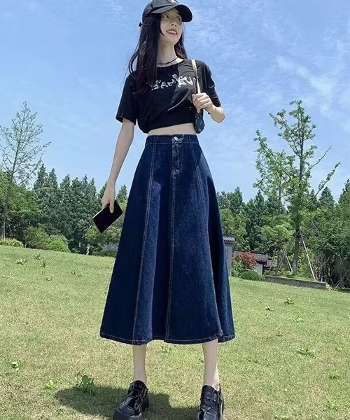 URGE：】切替 フレア デニム ロング丈 スカート（デニムスカート