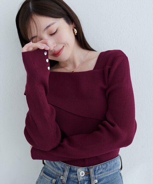 natural couture(ナチュラルクチュール)の「アシメオフショル長袖ニット(ニット/セーター・レディース・ブラック/サックスブルー/ブラウン/ボルドー/アイボリー/グリーン/グレイッシュベージュ・FREE)」の1枚目の写真