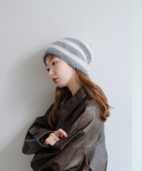 Kastane（カスタネ）の「ボーダーニット帽（ニットキャップ/ビーニー・レディース・ブラウン/ライトグレー・FREE）」の6枚目の写真