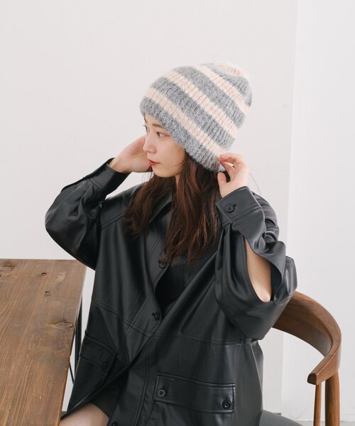 Kastane（カスタネ）の「ボーダーニット帽（ニットキャップ/ビーニー・レディース・ブラウン/ライトグレー・FREE）」の10枚目の写真
