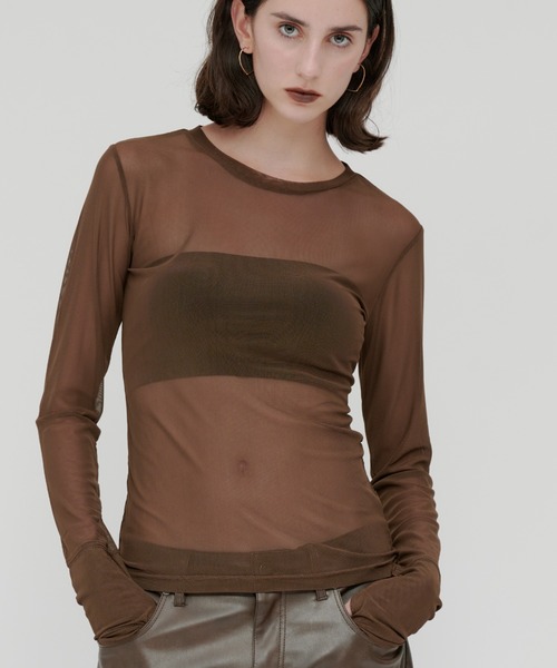 kiehtova（キエトヴァ）の「【kiehtova】SHEER STRETCH TULLE TOPS/シアー ストレッチ チュール トップス（Tシャツ/カットソー・レディース・ブラック/レッド/ブラウン/グレー・FREE）」の3枚目の写真