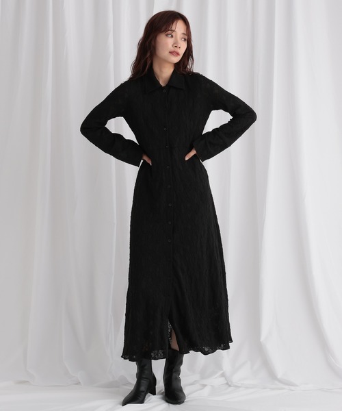 mysty woman（ミスティウーマン）の「フラワージャガードレースアップシャツワンピース　582484（ワンピース・レディース・ブラック/オフホワイト/マスタード・FREE）」の14枚目の写真