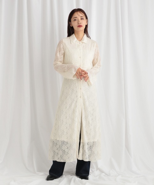 mysty woman（ミスティウーマン）の「フラワージャガードレースアップシャツワンピース　582484（ワンピース・レディース・ブラック/オフホワイト/マスタード・FREE）」の7枚目の写真