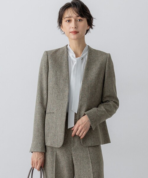 PHIGVEL MAKERS & CO グレー ノーカラージャケット セール】【洗える】ウールライクカルゼ ノーカラー ジャケット（ノー