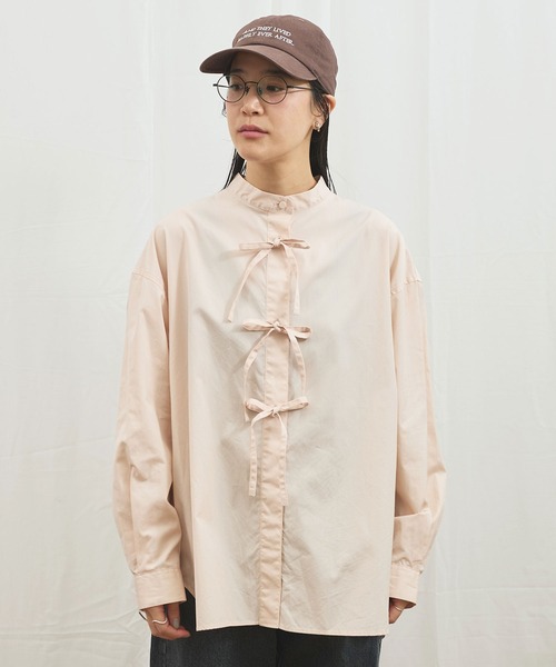 fig Ｌondon（フィグロンドン）の「_ribbon long shirt（シャツ/ブラウス・レディース・ピンク/ストライプ・FREE）」の2枚目の写真