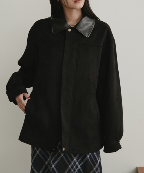 Aunt Marie's（アントマリーズ）の「レザーカラーフェイクスウェードオーバージャケット（ステンカラーコート・レディース・ブラック/ブラウン・FREE）」の7枚目の写真